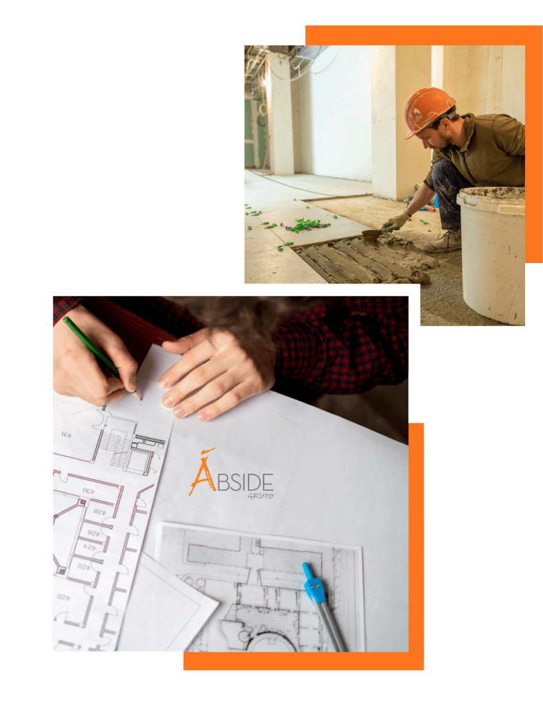 composición de foto de obra de construcción y plano con el logro de grupo ábside